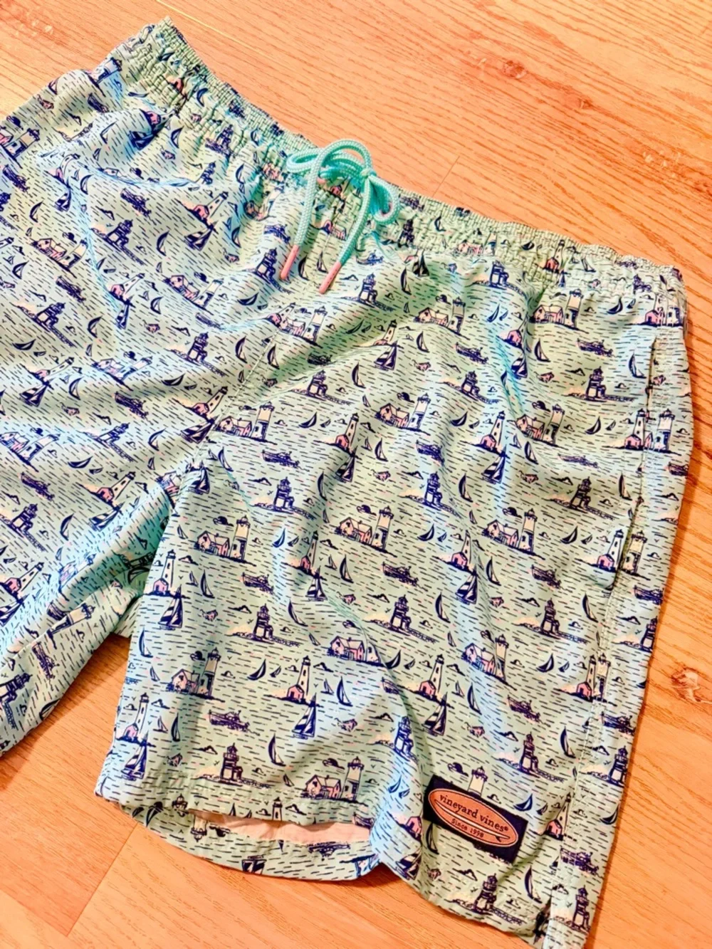 Vineyard Vines Light Aqua Nautical Swim Shorts with Sailboat Print
